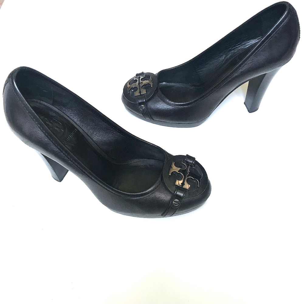 Tory Burch Calista Silver Logo All Black Heel